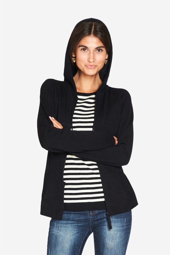 Black/white striped nursing shirt with hoodie and zipper
