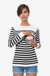 Black/white striped nursing shirt made in organic cotton knit