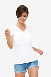 White nursing top with V-neck and wrap-around look